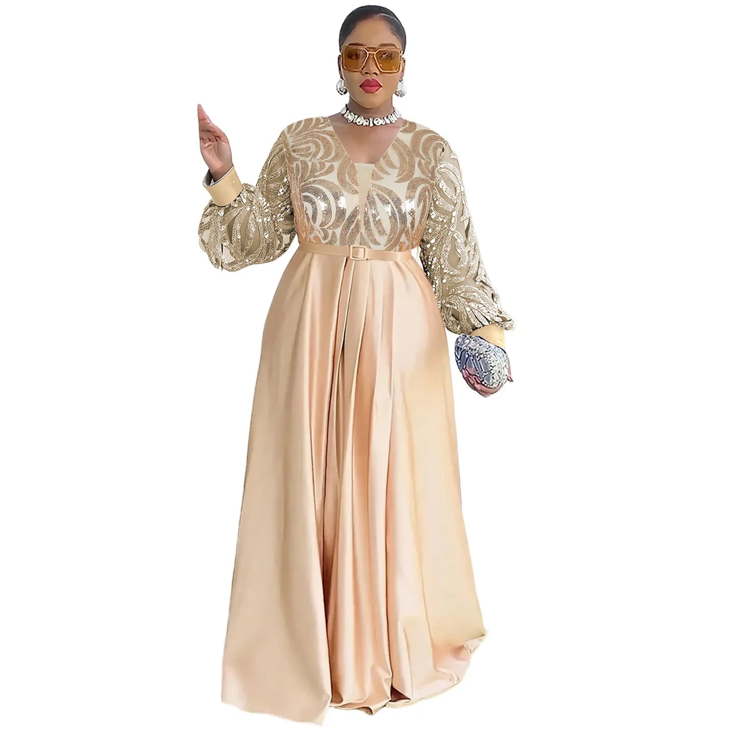 Maxy Plus Size Sequin Dresses for Women Elegant Evening Wedding Party Gown Dashiki Ankara Clothing Kaftan Abaya Robe