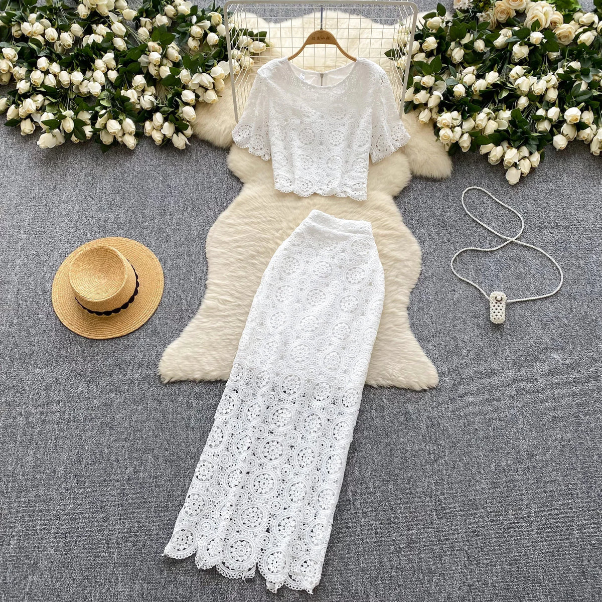 Maxy Sexy Chic Hook flower hollow lace Elegant Korean Fashion Slim Summer vintage Beach dress women clothing