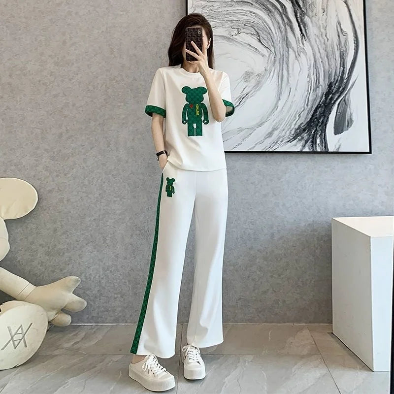 Amay Women's Sweat Suit Spring Summer New Fashion Korean Short Sleeved T-shirt Tops Pants 2 Two Piece Set Female Casual Clothes
