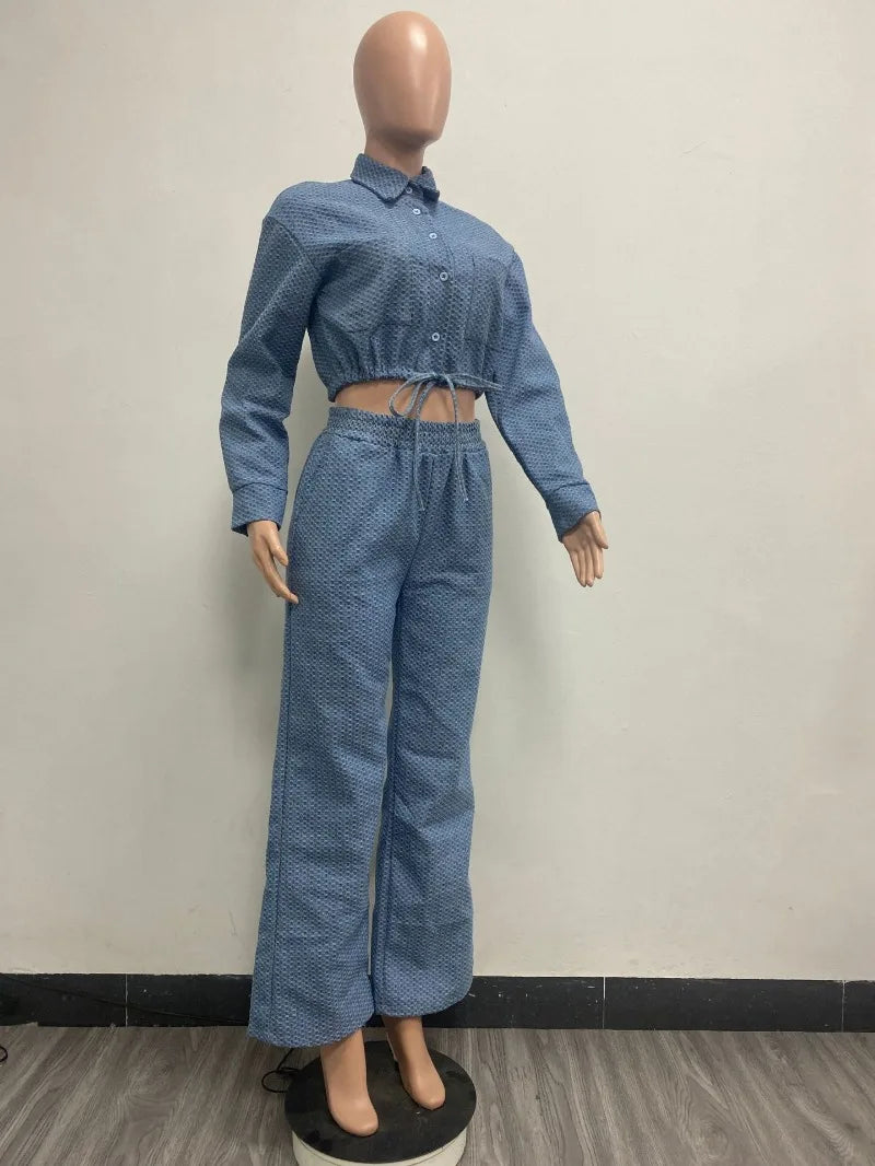 Women Fashion Denim Two Piece Set Turn Down Collar Long Sleeve Buttons Drawstring Jackets Crop Top Wide Leg Pants Jeans Suits