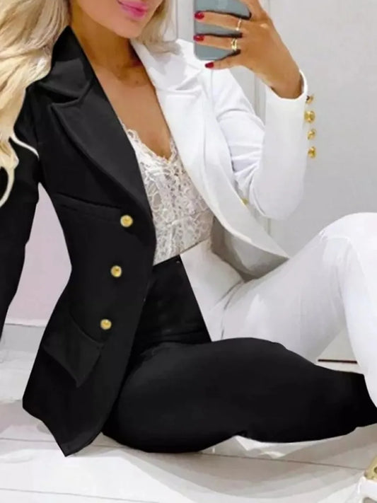 Maxy Fashion Butterfly Print Blazer Suit and Pants Two Piece Set for Women Autumn Winter Outfit Office Lady Casual Clothing