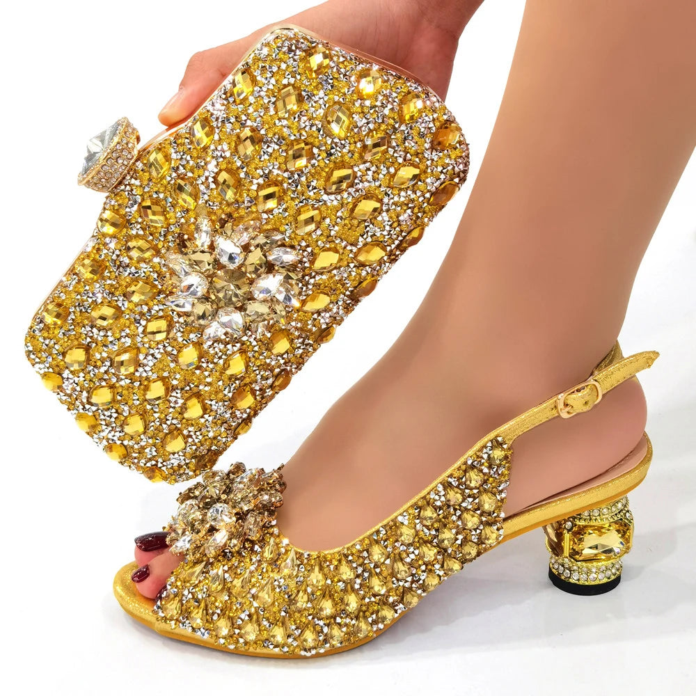 Momsey New Arrival Fashion Special Crystal Style Elegant Gold Color Party Wedding Women Shoes and Bags Set