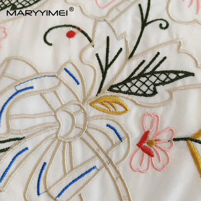 Maxy Fashion Designer dress Spring Autumn Women's Dress Stand collar Flowers Embroidery Hollow out Ruffles Dresses