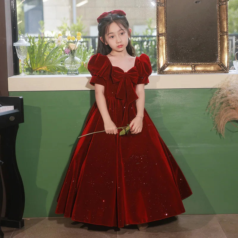 Wedding Flower Kid Elegant Costumes Christmas Party Children Formal Burgundy Long Dresses Teen Girls Birthday Gala Fashion Dress