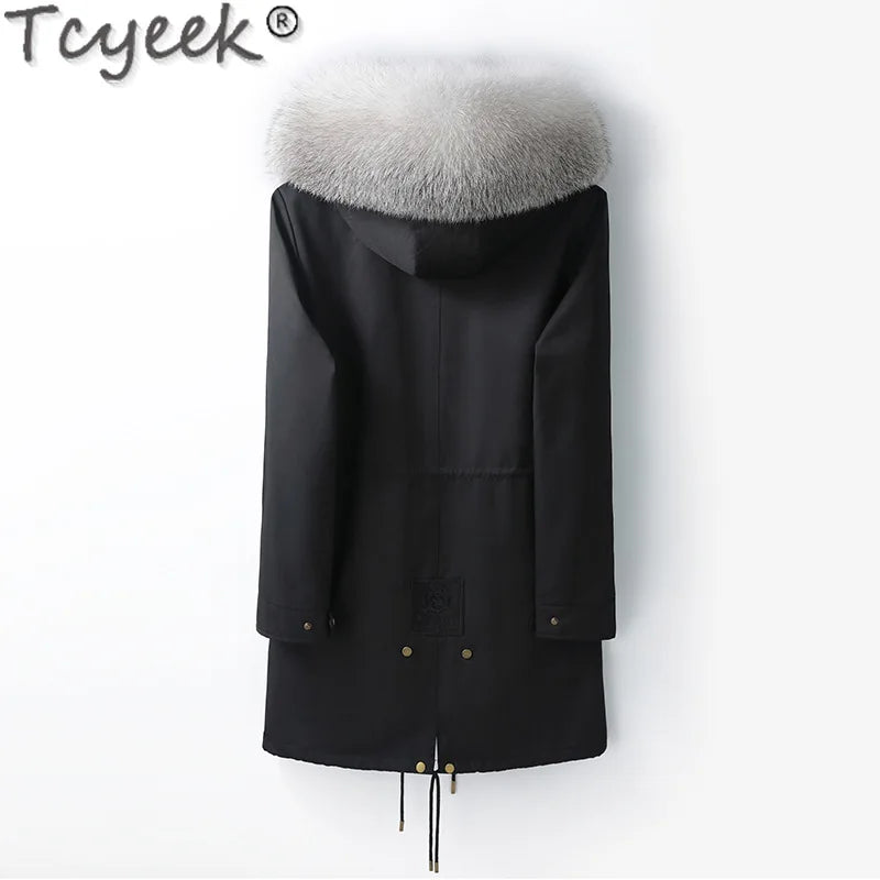 Tcyeek Natural Mink Fur Coat Man Hood Winter Jackets for Men Clothes Fashion Real Fur Parka Warm Fox Fur Collar Casaco Masculino