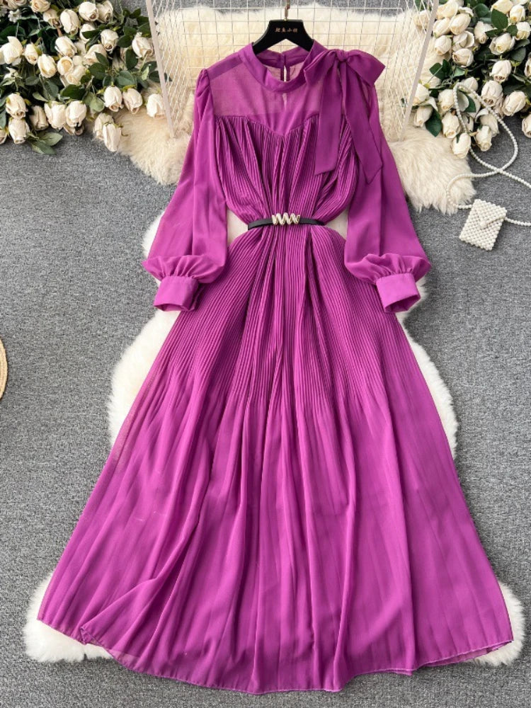 Women Elegant Pleated Long Dress Spring Autumn Sweet Bow Chiffon Dresses Ladies Vintage Bubble Sleeves Casual Long Robe Vestidos