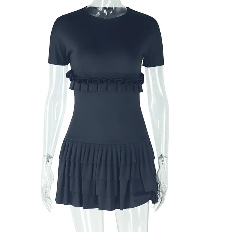Amay Women's O-Neck Short Sleeve Pleated Mini Dress, Ruffled, Solid Color