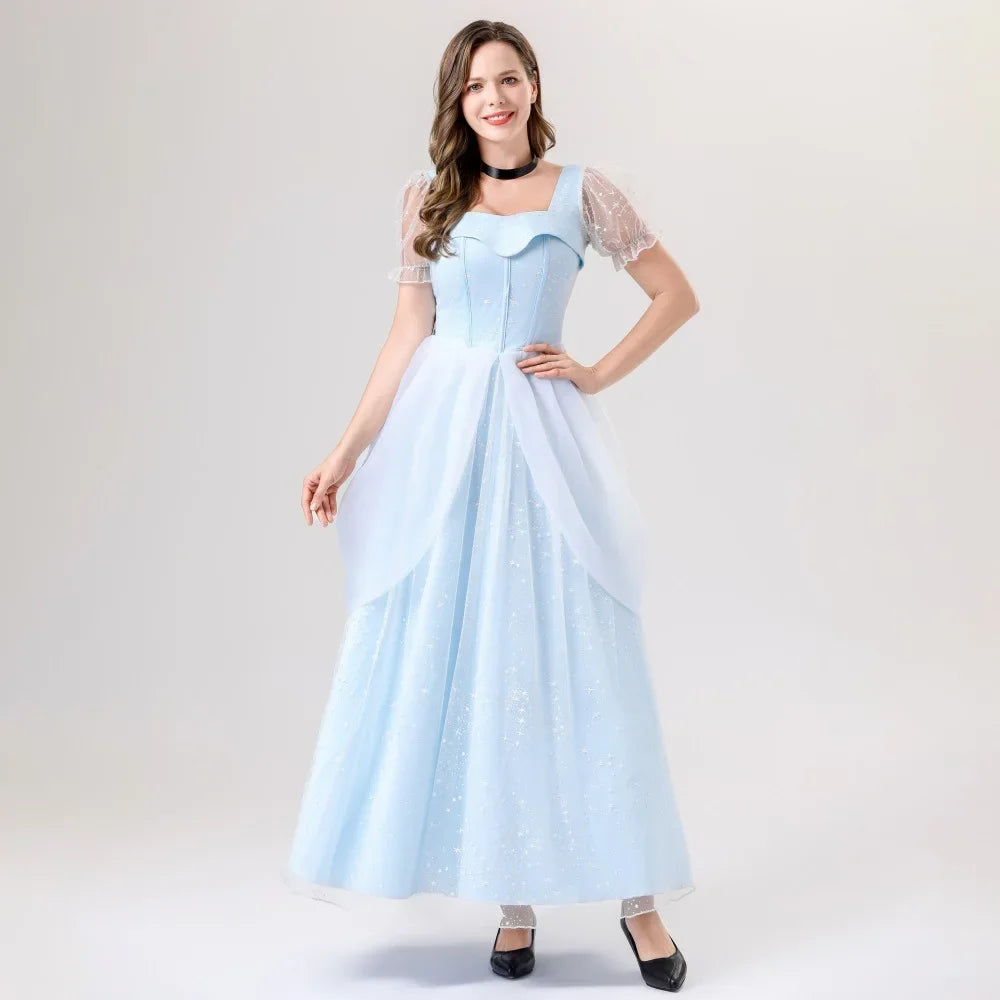 Women Medieval Cinderella Princess Dress Fancy Blue Fairy Tail Costume Adult Halloween Party Ball Gown School Performance Outfit