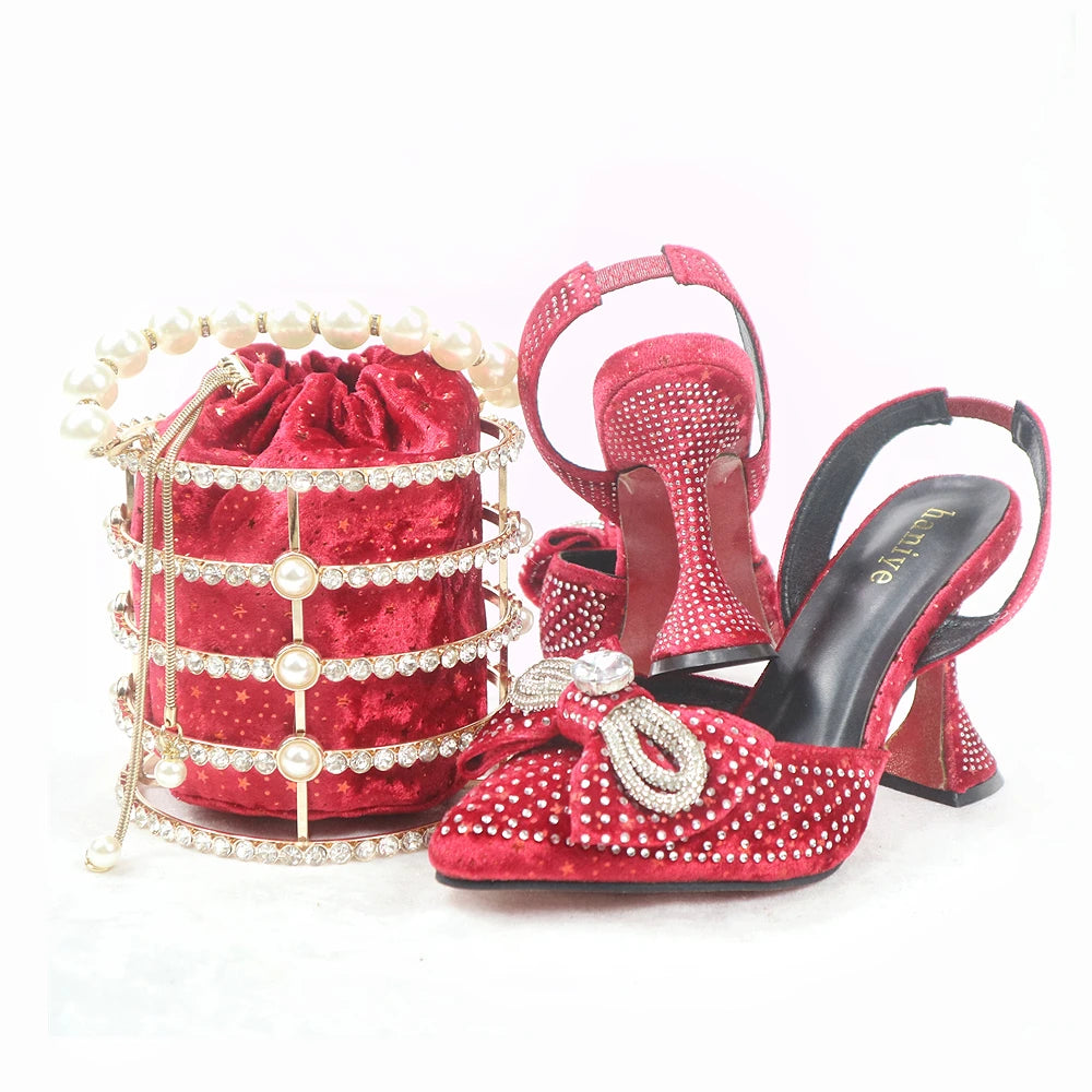 Mosey Shoes and Bag Matching Set with Wine Hot Selling Women Shoes and Bag Set For Party   HYU1-36