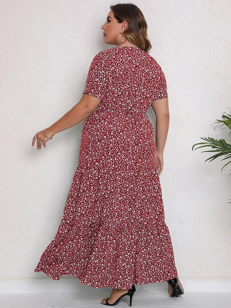 Gacy Plus Size O-Neck Ditsy Floral Ruffle Hem Dress Women Summer Short-sleeved Vacation Bohemian Beach Maxy Long Dresses