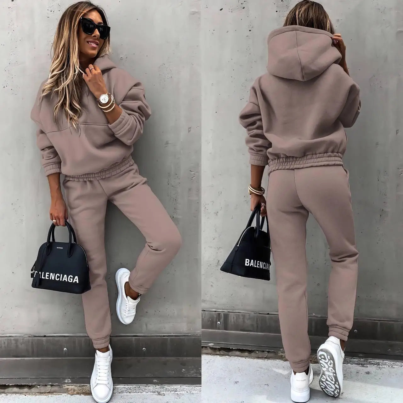 Maxy Women Winter Two Piece Set Tracksuit Solid Color Suit Autumn Trouser Suits Female Sweatshirt Solid Sports Hoodie Sportswear