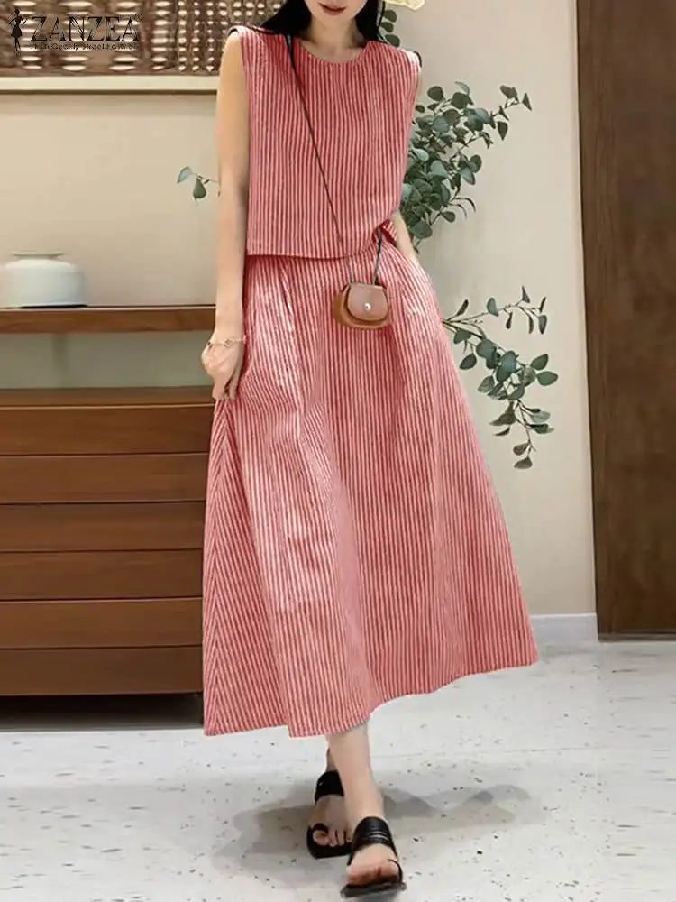 Maxy 2PCS Women Elegant Matching Sets ZANZEA Summer Sleeveless Blouse Dress Sets 2pcs Holiday Outfits Fashion Work Tracksuits