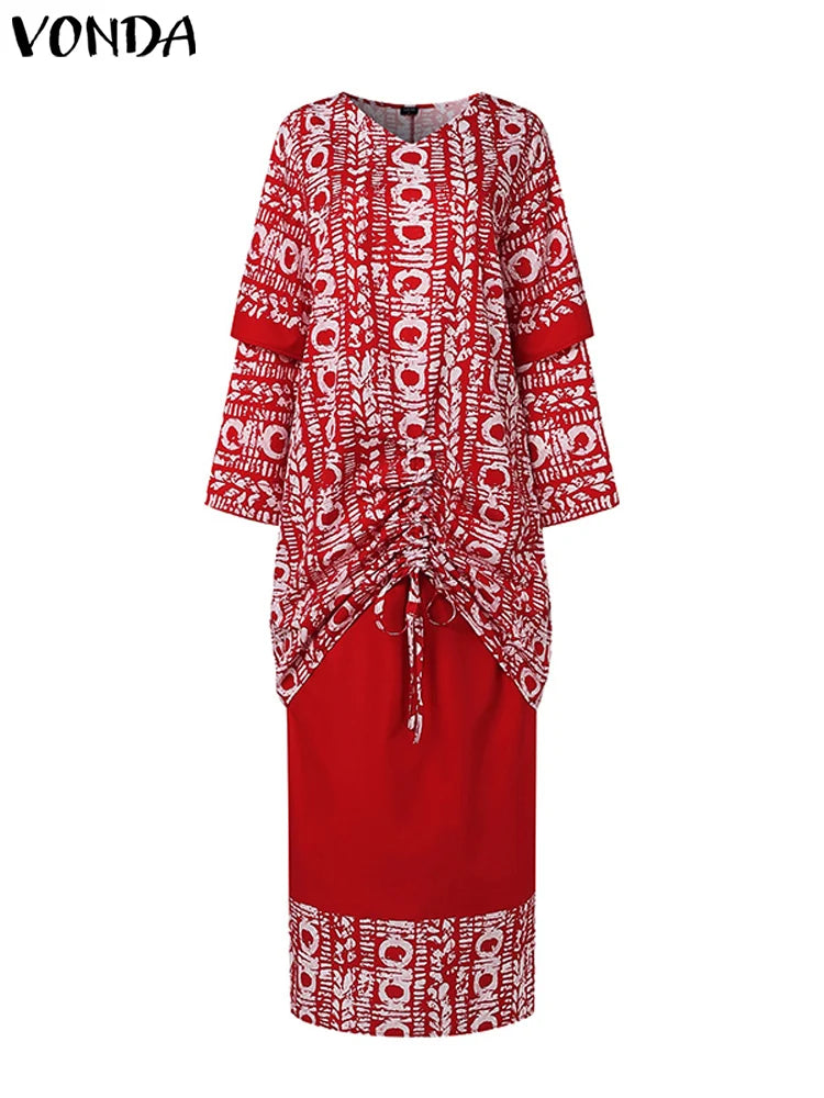 Maxy Women Elegant Sets Bohemian Printed Outfits Long Sleeve Top+Half Skirt Two-Piece Sets Casual Loose Holiday Suits