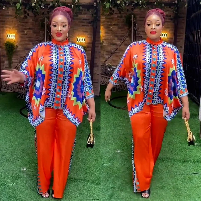 Maxy 2 Piece African Clothes for Women Outfits Summer African 3/4 Sleeve O-neck Print Top Pant Matching Sets Africa Clothing