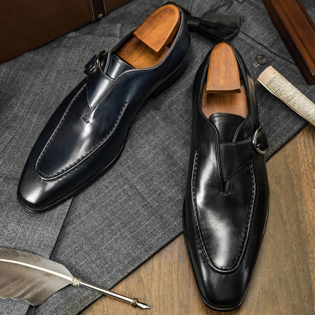 Amay Genuine Leather Mens Loafers Handmade Monk Strap Wedding Party Casual Dress Shoes Summer Autumn Footwear for Men
