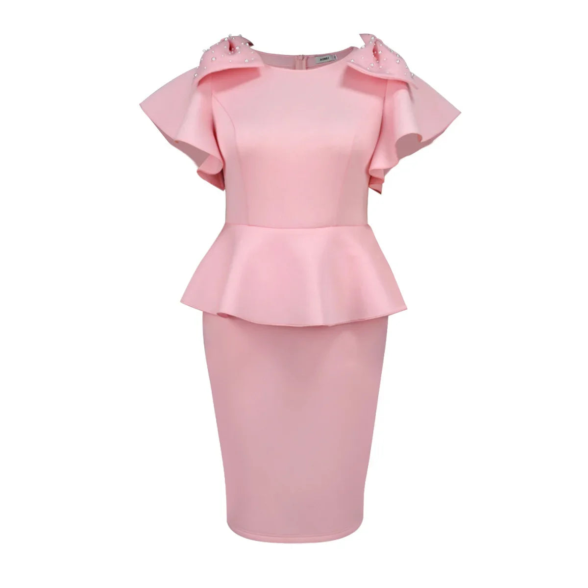 Macy Elegant Women Celebrate Party Dress O Neck Bow Beading Short Sleeve High Waist Ruffle Hem Bodycon Wedding Guest Gowns