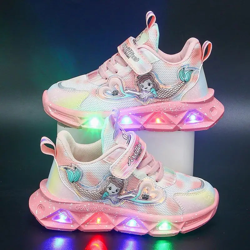 Maxy Children's Sports Shoes with Lights Cute Cartoon Mermaid Girls Sneakers Led Luminous Light Running Shoes Leather Toddler Shoes
