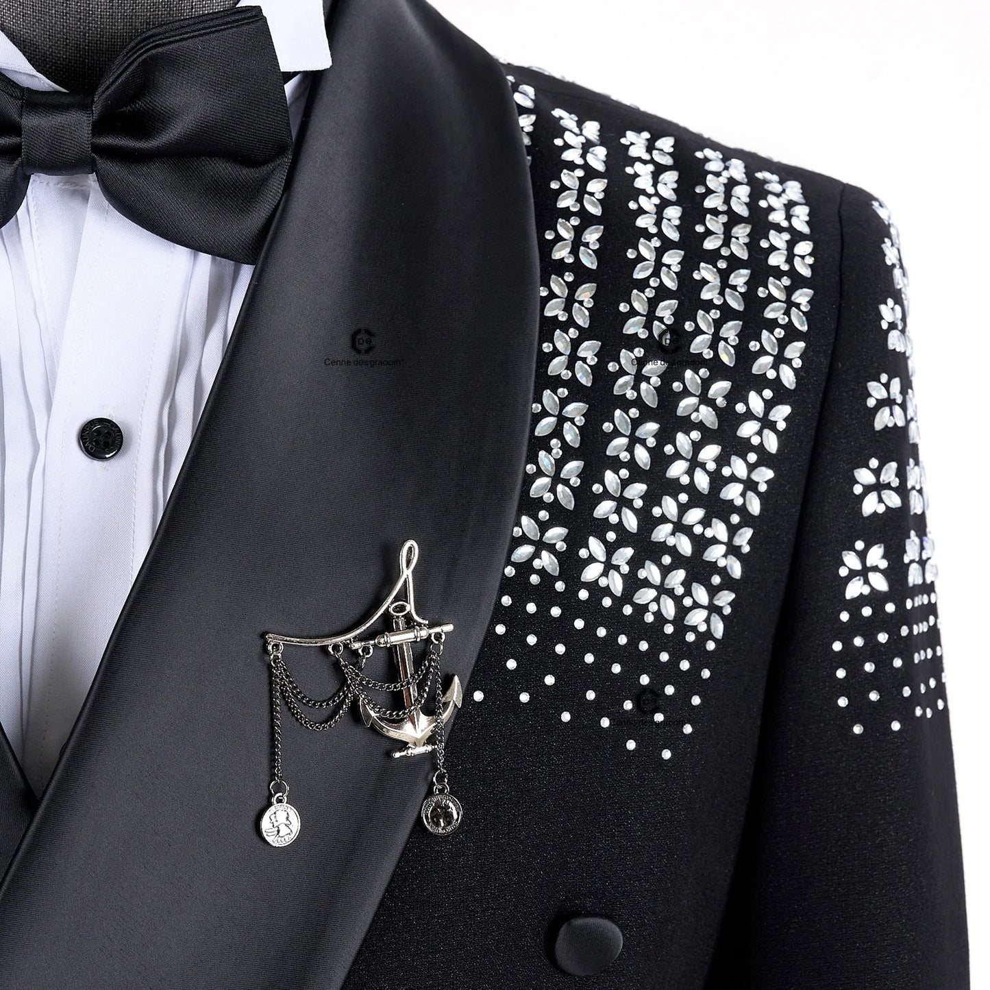 Maxy Canne Des Groom Elegant Men's Suits Double-Breasted Jewelry Ornament Handmade Tuxedo for Wedding Groom Party Jacket Pants