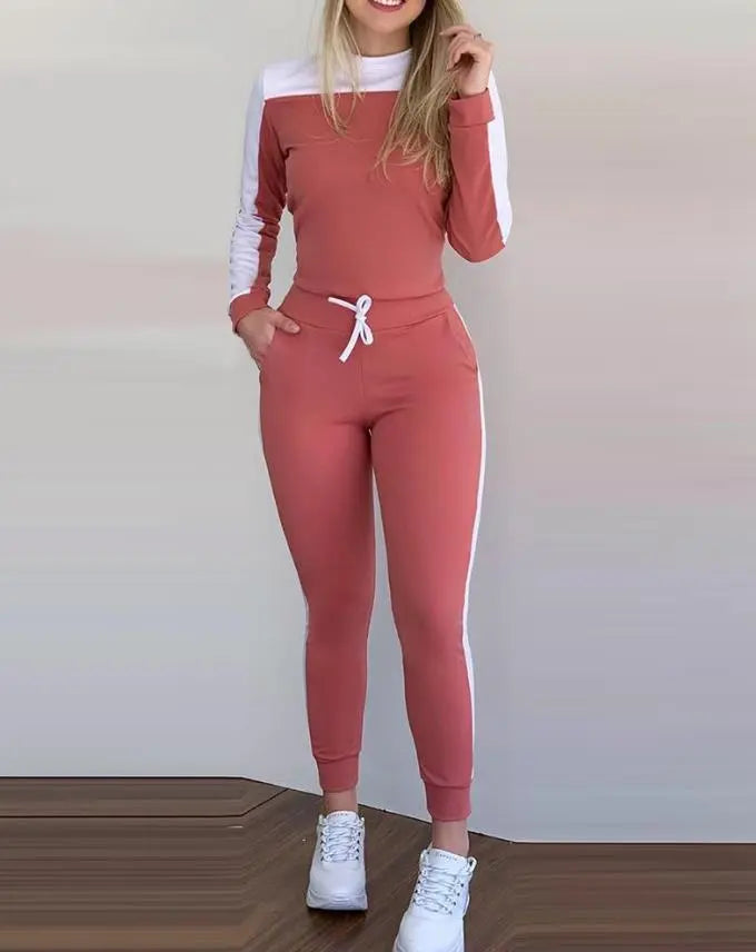 Maxy Casual Two Piece Sets Womens Outifits OTTD Colorblock Long Sleeve Round Neck Top & Sporty Skinny Drawstring Pants Set Autumn