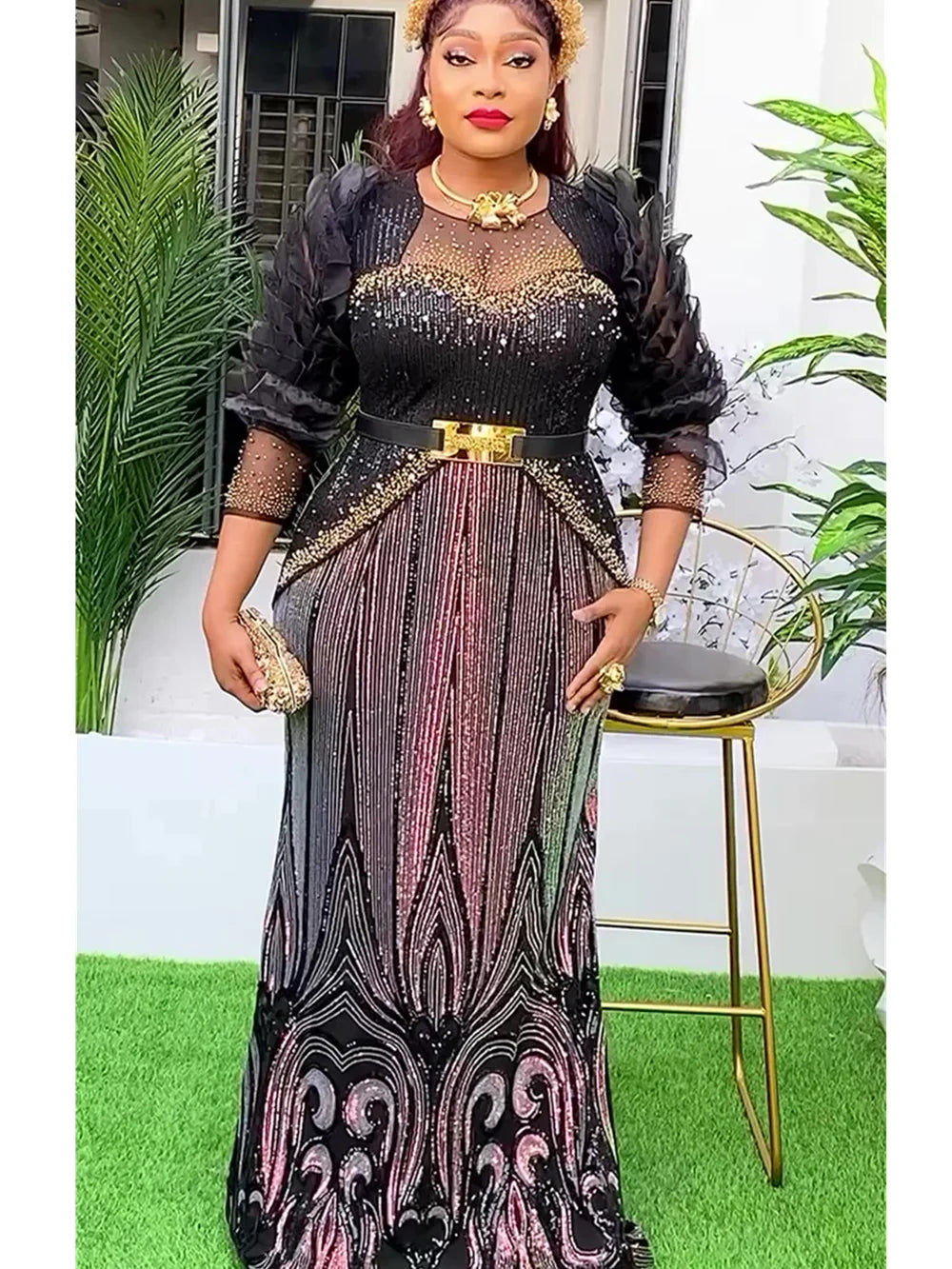 Amay Dresses for Women New Fashion Plus Size Sequin Evening Party Long Dress Dashiki Ankara Outfits Robe African Clothes