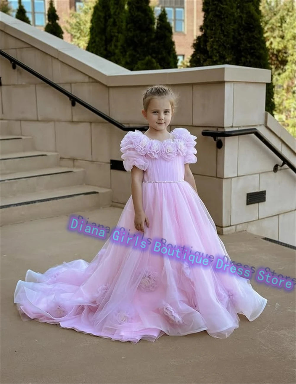 Maxy Princess Lovely Pink Flower Girl Dress Tulle Fluffy Wedding Dresses Appliqued Tiered Princess Little Girls Birthday Party Customise Gowns