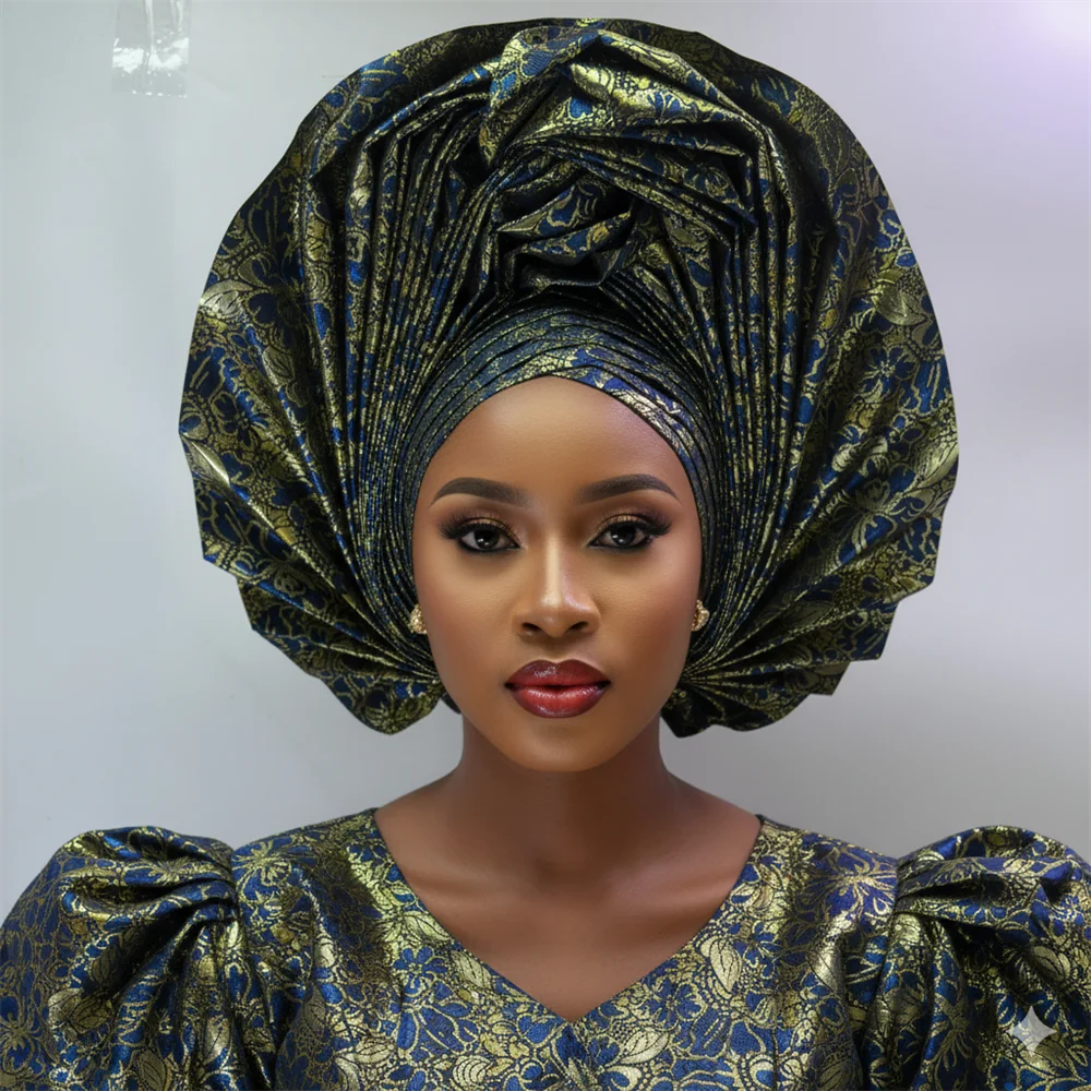 Maxy Head tie Luxury Gold Gele Aso Ebi Already Made Head tie Turban Cap Women's Head Wear