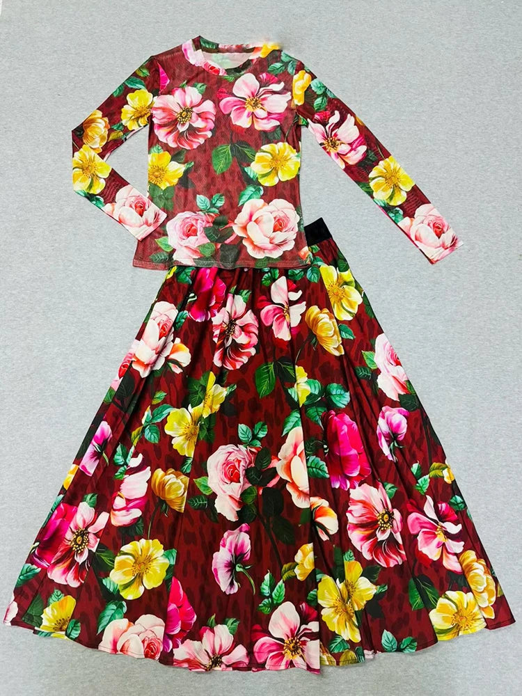 Maxy Autumn Women's Retro Printed Knitted Mesh Long Sleeve T-shirt Two Piece Set+Elastic Waist Loose Half Skirt Fashion Set