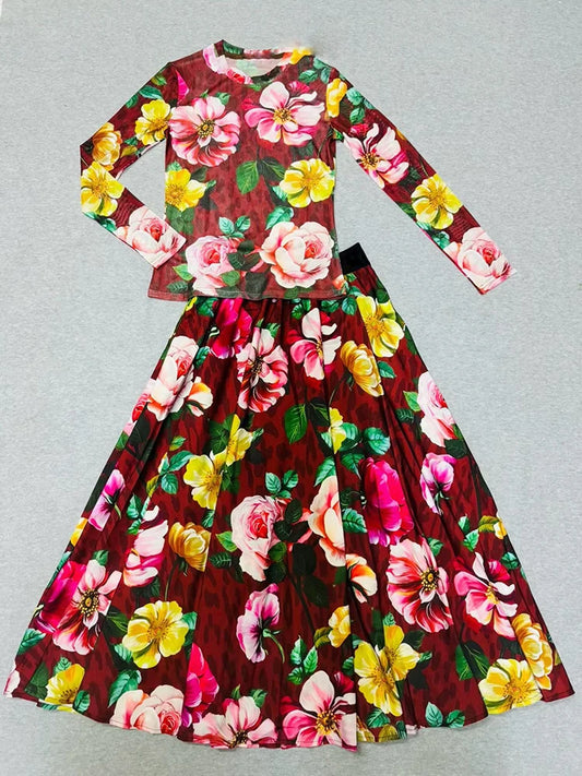 Maxy Autumn Women's Retro Printed Knitted Mesh Long Sleeve T-shirt Two Piece Set+Elastic Waist Loose Half Skirt Fashion Set