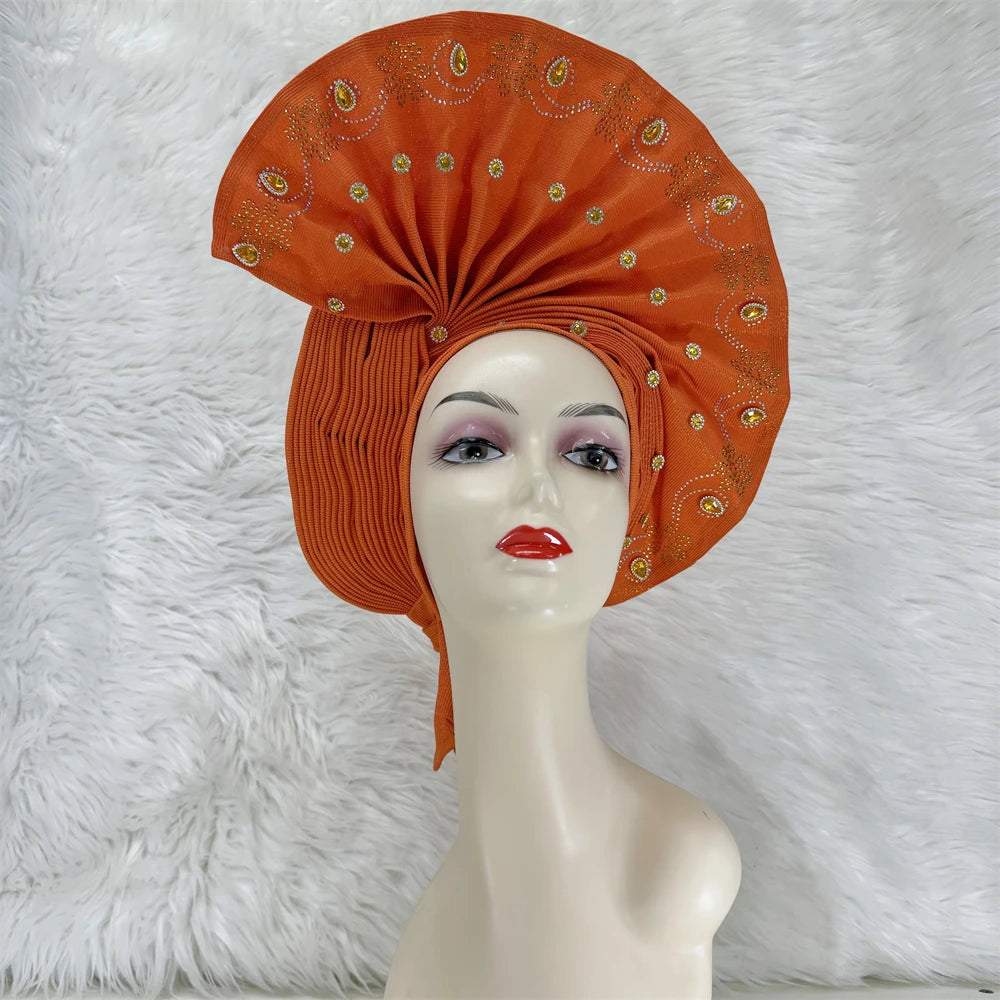 Maxy Luxury African Women’s Sego Head tie Crystal Stone Aso Oke Gele Aso Ebi Already Made Headtie Turban Cap Women Head Wear