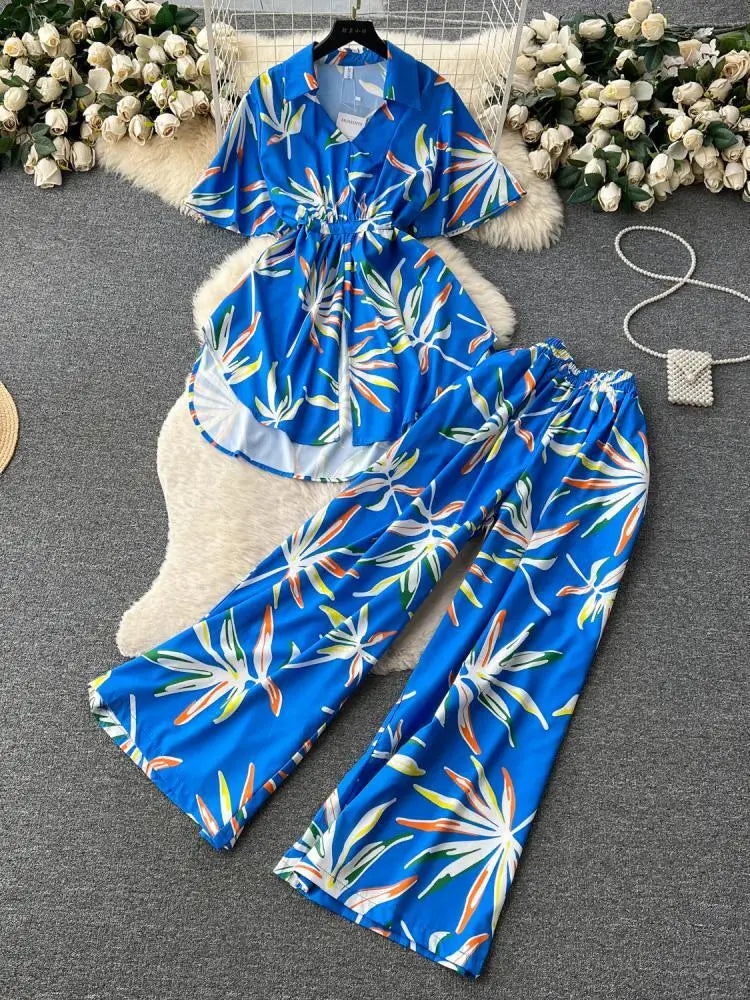Maxy Fashion Floral Two Piece Set For Women Print Short Sleeve Lapel Tops+High Waist Wide Leg Pants 2 Pieces Sets Summer Suit
