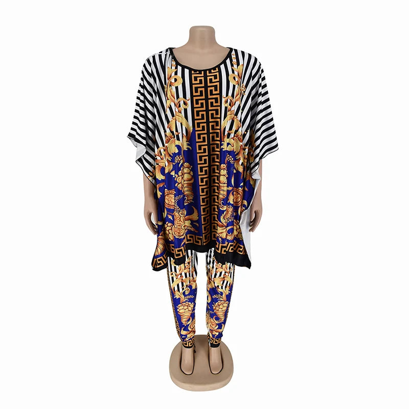 Maxy Loose African Style Women Top Pants Two Pieces Set Leopard Print Plaid Striped Dashiki Brand Outfit Party Fashion Lady Suit