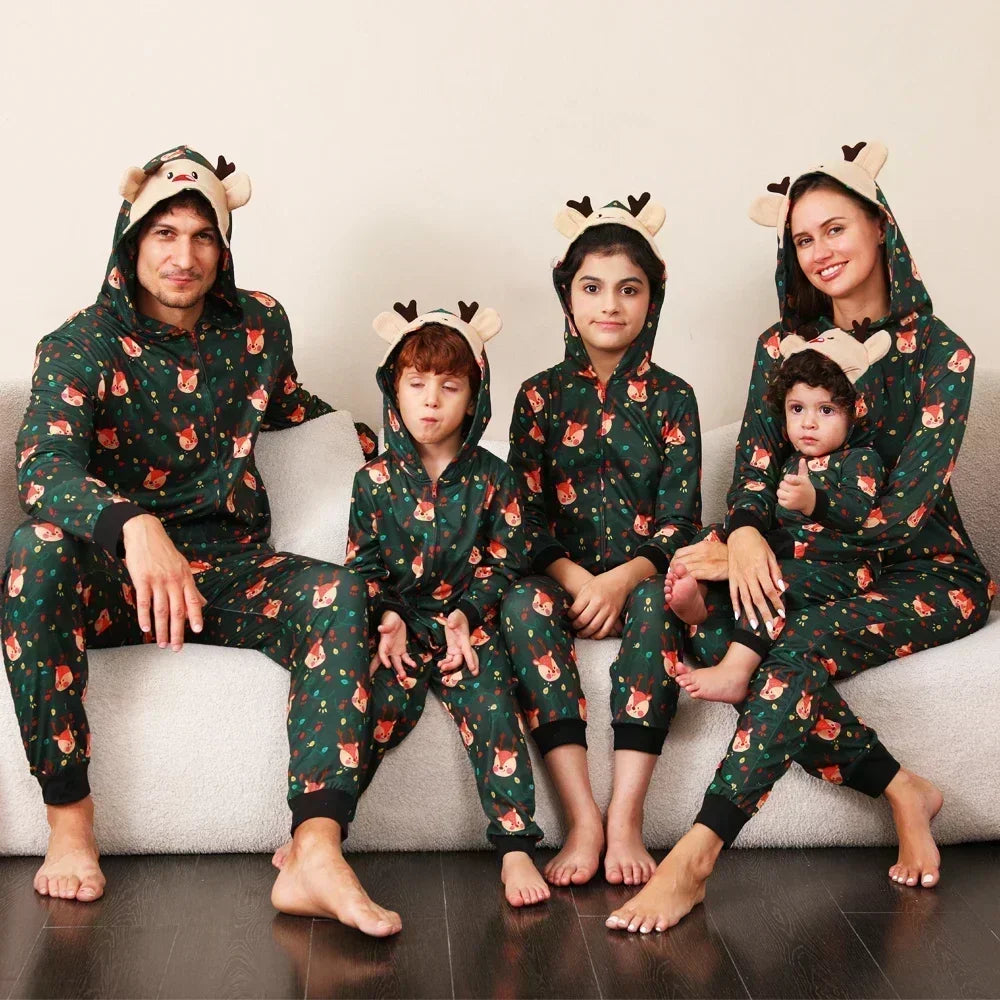 Christmas Outfits for Family Adults Kids Matching Pajamas Snowman Print Deer Ear Hooded One-Piece Jumpsuit Warm Soft Xmas Romper