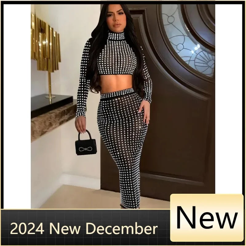 Maxy Luxury Rhinestone Studded Two Pieces Sets For Women Glam Sheer Mesh Crystal Crop Top And Matching Skirt Set Clubwear