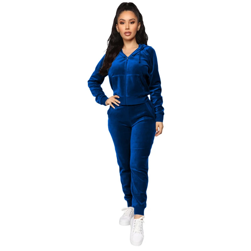 Velvet Two 2 Piece Sets Womens Outfits Autumn Clothes Zip Hooded Top Long Pants Suit Velour Tracksuit Fashion 2 Piece Women Sets