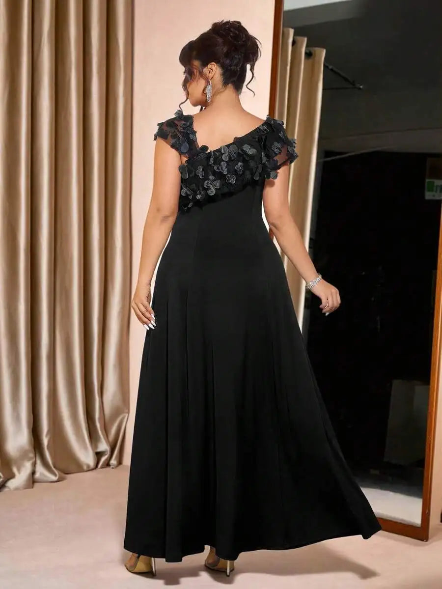Plus Size Women Oblique Shoulder Floral Mesh Patchwork Evening Gown Party Dress