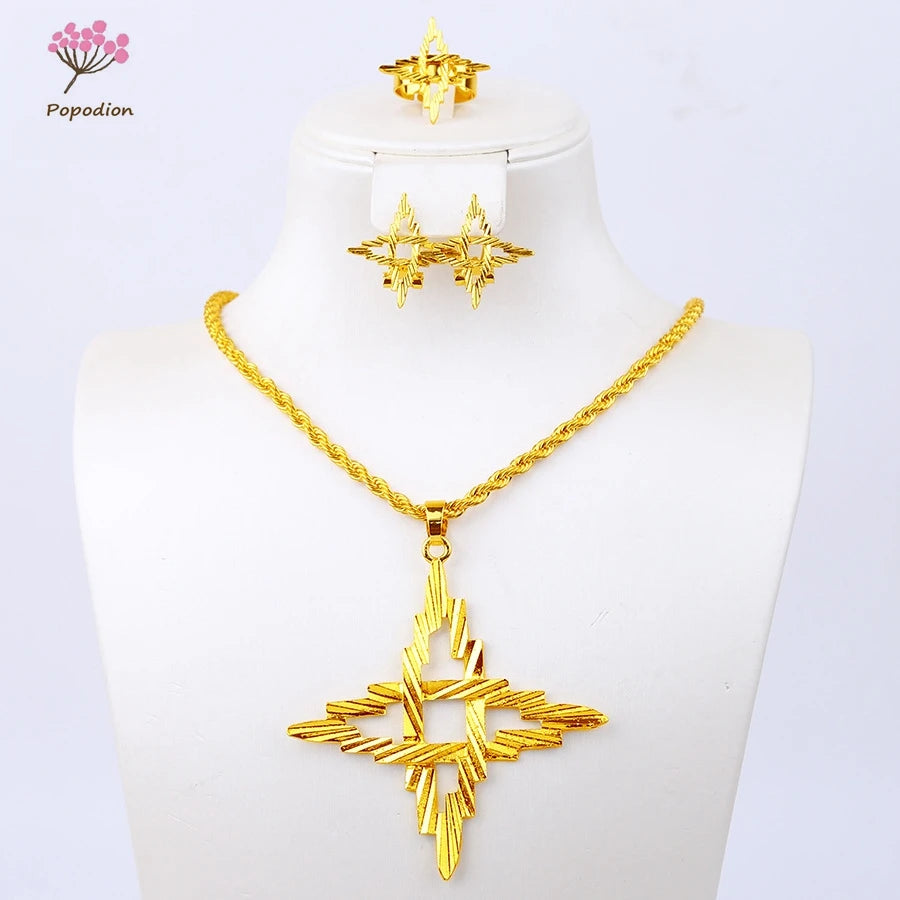 Maxy New 24K Gold Plated Necklace Earrings Women's Ring Fashion Party Exquisite Gift Set of 3 YY10463