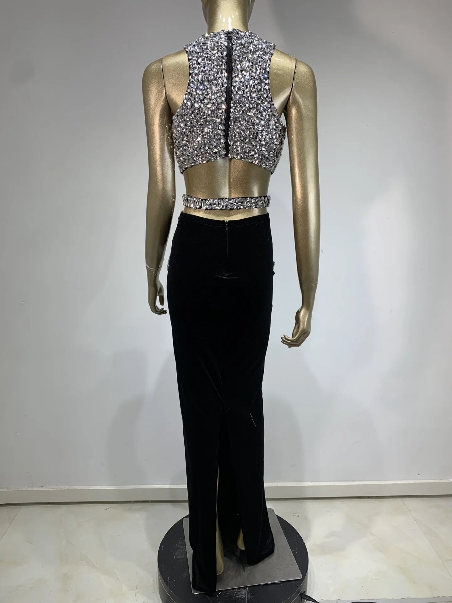 Maxy Women Luxury Party Outfits Rhinestones Crop Top and High Waist Long Skirt Two Piece Sets Birthday Celebrity Evening Garments