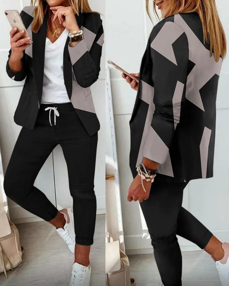 Maxy Spring Autumn Two Piece Sets Women Printted Elegant Blazer & Pants Set Outifits Fashion Tracksuits Casual Elegant Female Sets