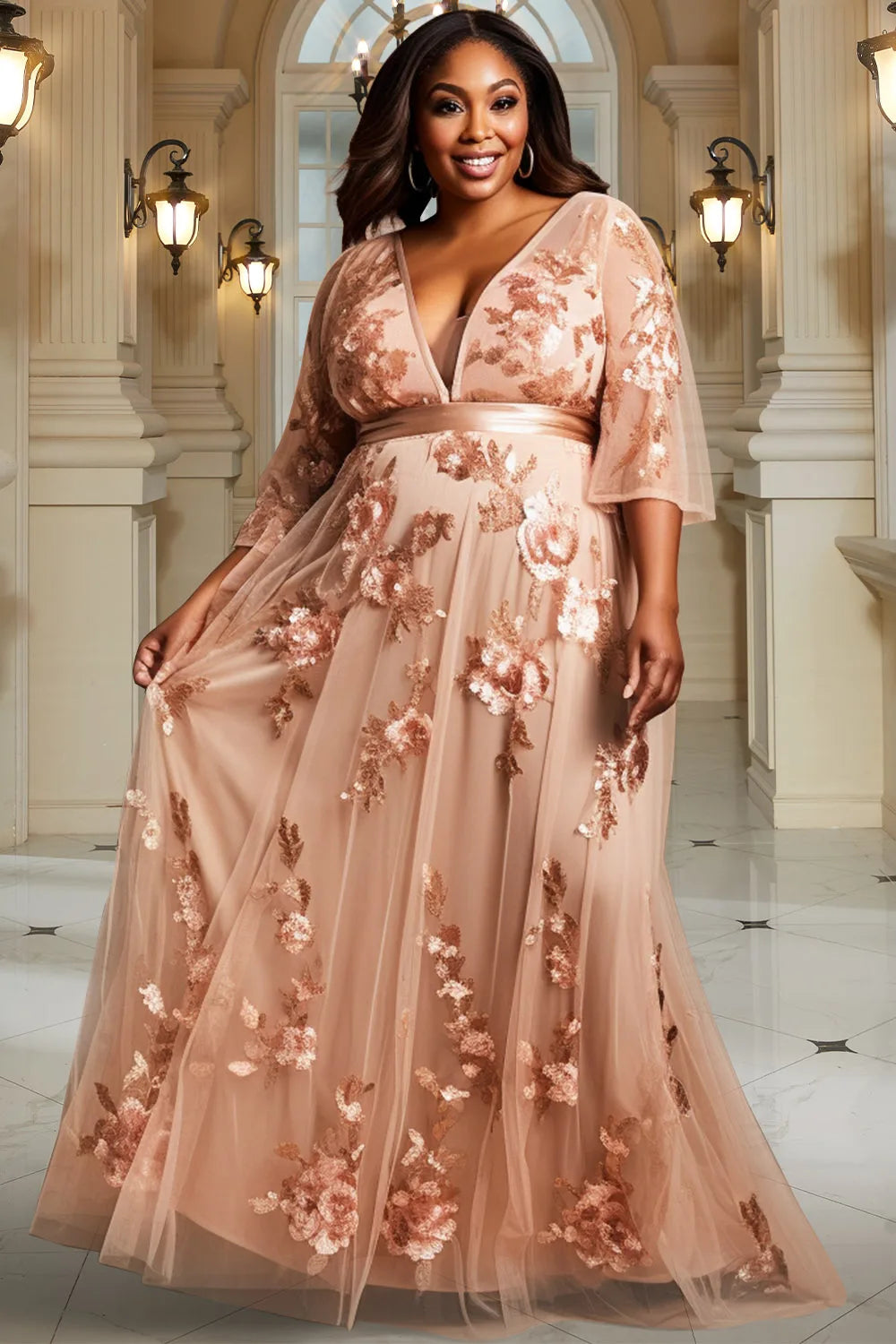 Maxy Plus Size Mother of The Bride Sequin Rose Gold V Neck Tulle Maxy Dresses