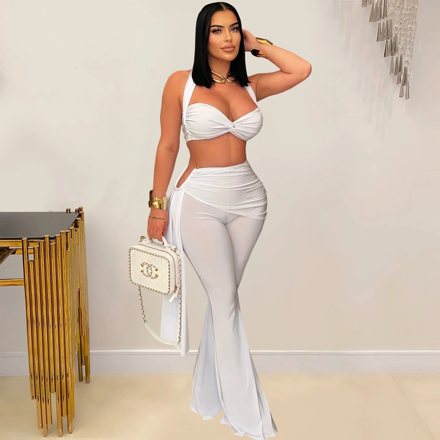 Maxy Sexy Halter Bikini Tops 2 Piece Pant Set Outfits Y2K Streetwear Women Flare Pants Tracksuit Elegant Bandage Tops Two Piece Sets