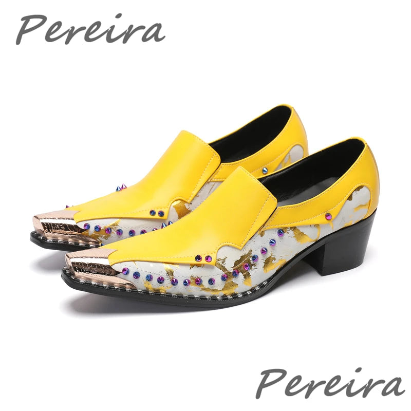 Maxy Colorful Rhinestone Yellow Purple Mixed Colors Leather Shoes for Men Metal Pointed Toe 4.5Cm Heel Loafers Business Dress Shoes