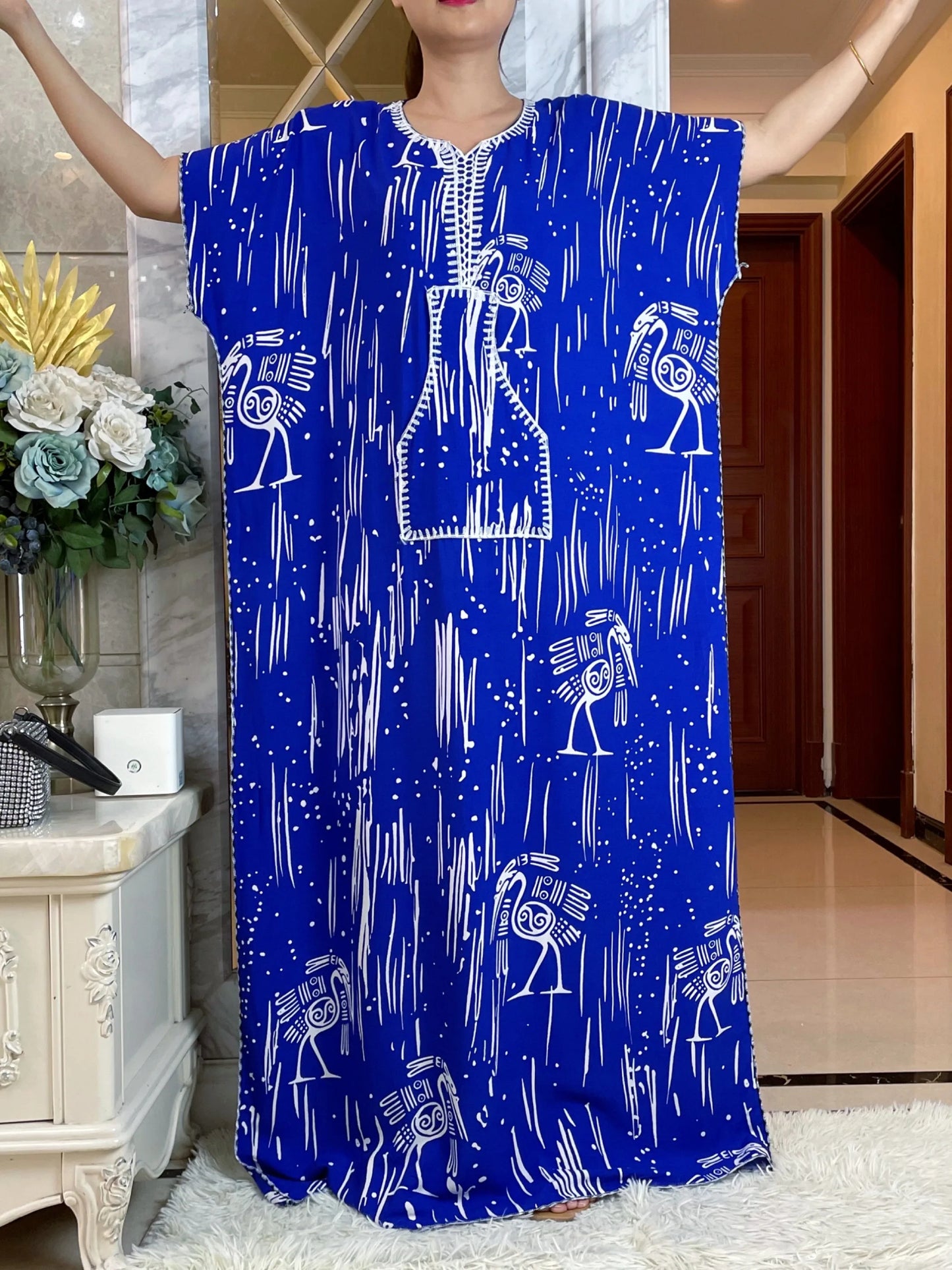 Macy Latest Autumn African Lady Dress with Big Scarf   Cotton Printed Loose Floral Boubou Pocket Maxi Islam Women Short Sleeve