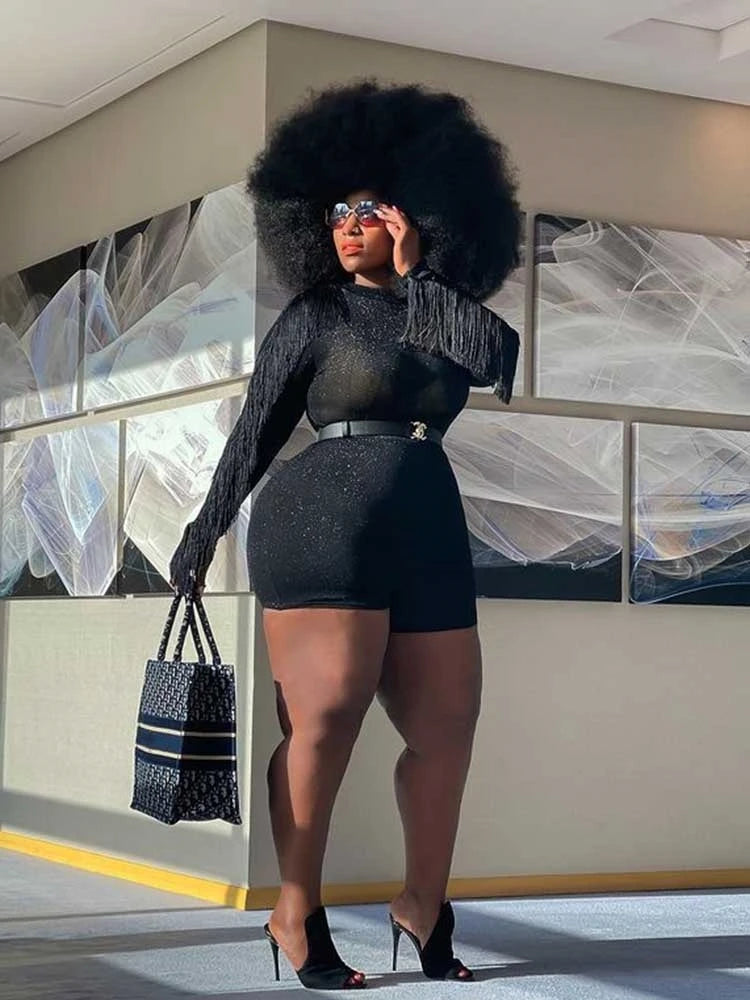 Maxy Plus Size Women Jumpsuits Fall Jumpsuit Long Elegant Party One Piece Outfits Tassel Shine Jumpsuit Ladies Romper Shorts Stretchy