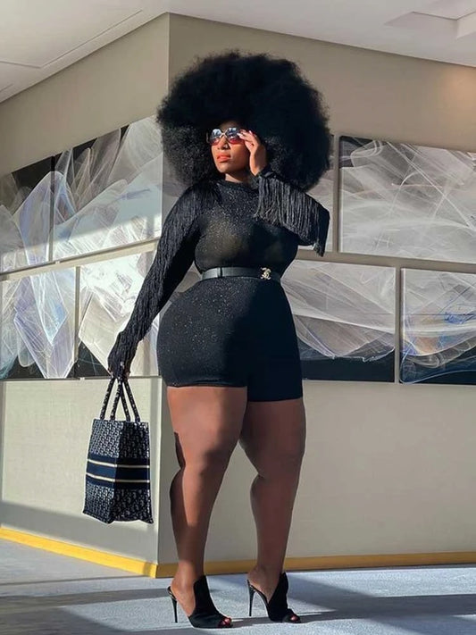 Maxy Plus Size Women Jumpsuits Fall Jumpsuit Long Elegant Party One Piece Outfits Tassel Shine Jumpsuit Ladies Romper Shorts Stretchy