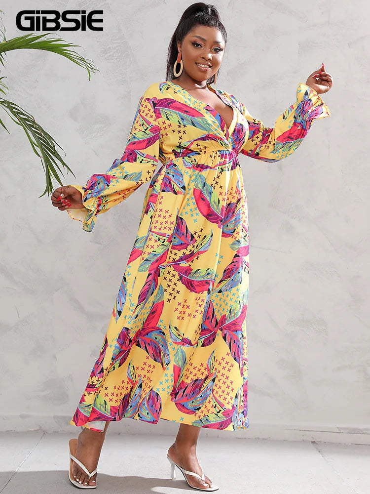 Maxy Plus Size Deep V Neck Boho Print Maxy Dress Women Spring Fall Casual Vacation Beach Elastic Waist Swing Dresses
