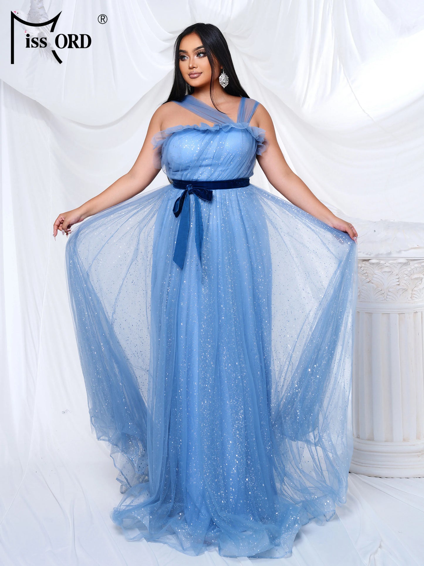 Maxy Plus Size New Blue Off Shoulder A Line Mesh Evening Gown Wedding Bridal Banquet Party Floor Length Prom Birthday Dress