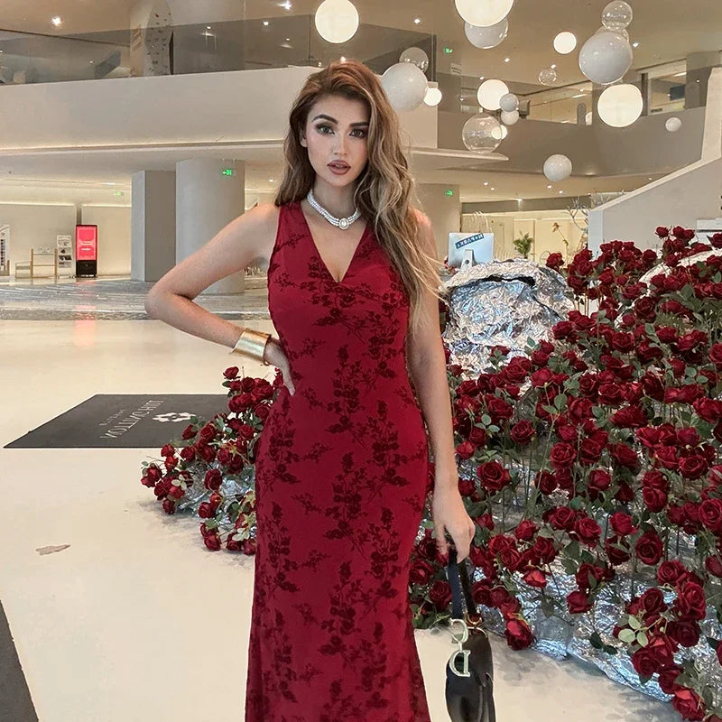 Maxy New Sleeveless Long Dress Women Summer rinted Deep v-neck Dress Femae Fashion Fora  Waist Slim Dresses