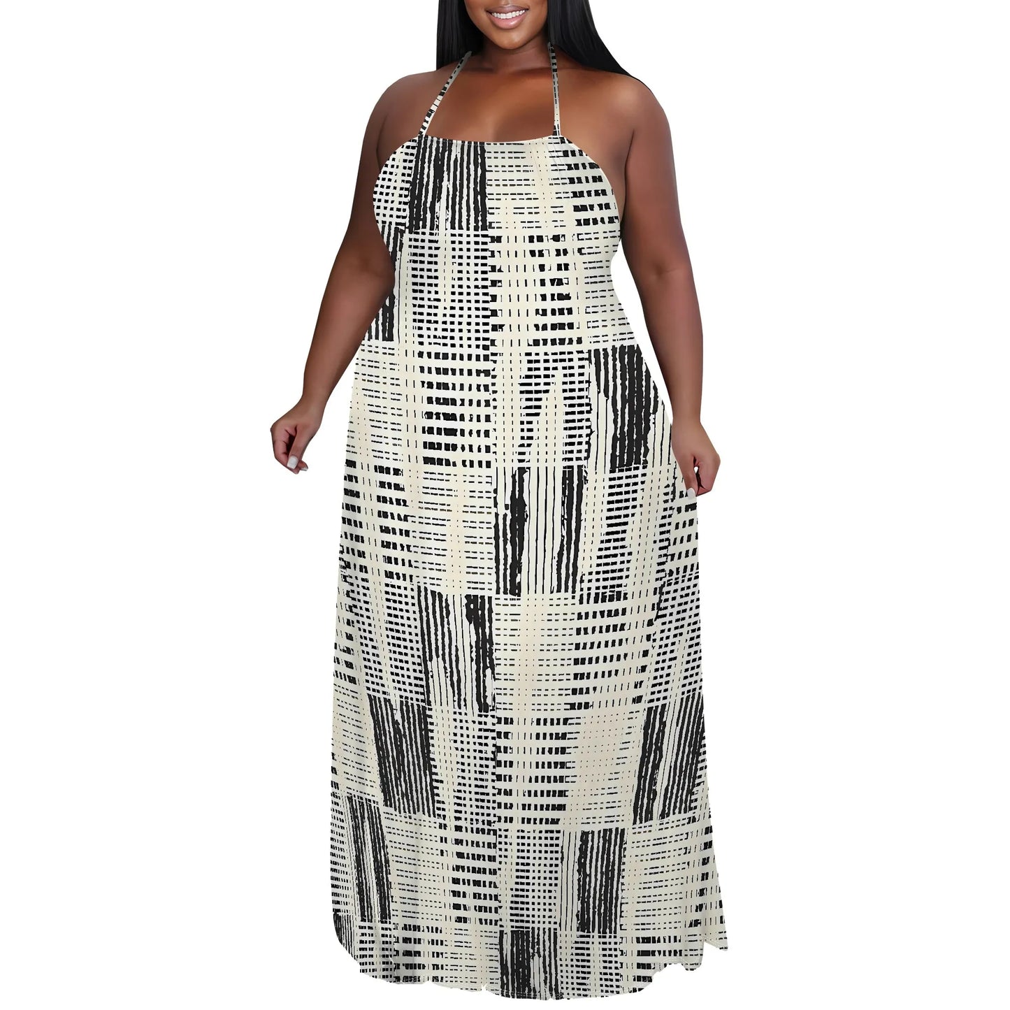Maxy Plus Size Women's Casual Long-sleeved Dress for Women Sexy 3D Printed halterneck dress Loose Plus Size Dress