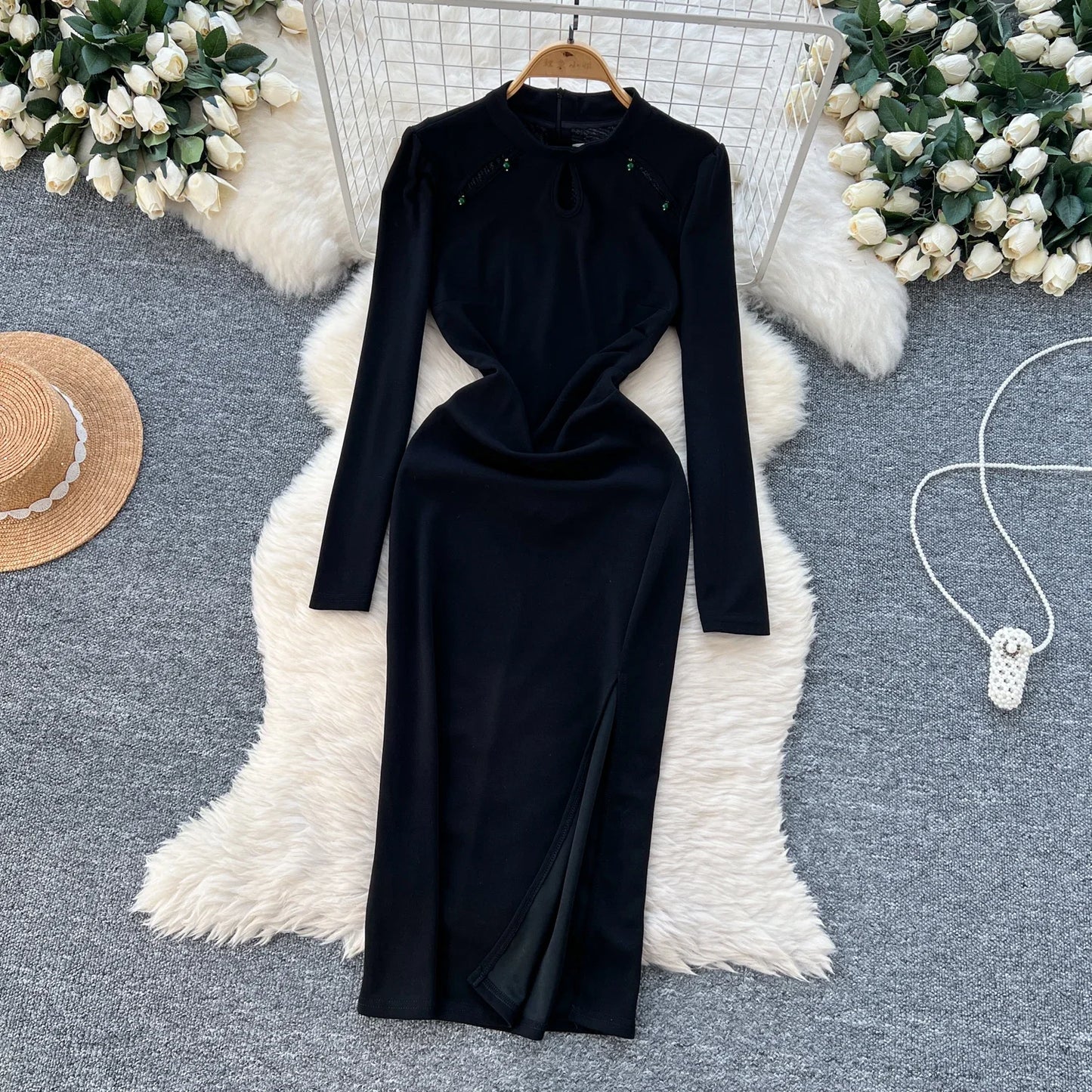 Maxy Vintage Stand Collar Elegant Long Sleeve Chic Hollow Out Embroidered Bead Slim Split Dresses Evening High Street Autumn Clothing