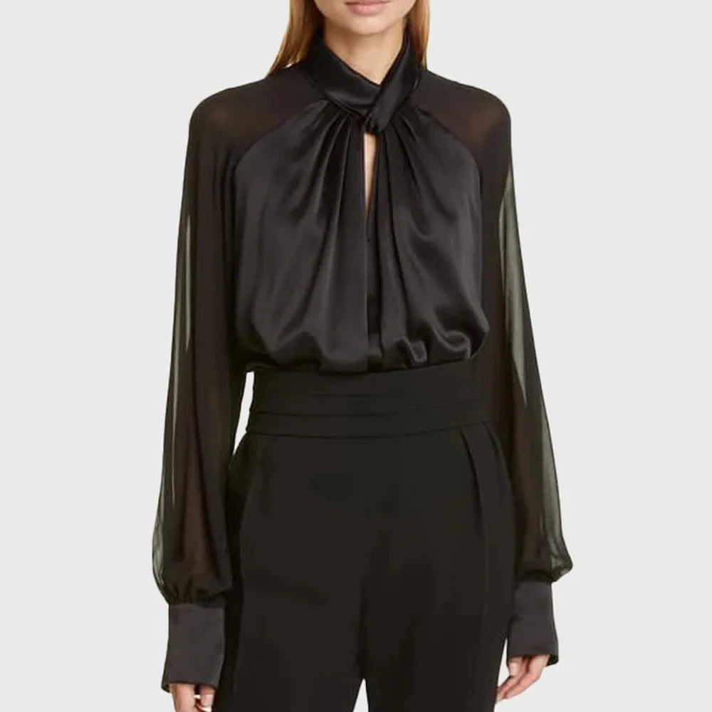 Maxy Solid Minimalist Blouses For Women Stand Collar Long Sleeve Casual Pullovers Shirts Female Fashion Style Clothes